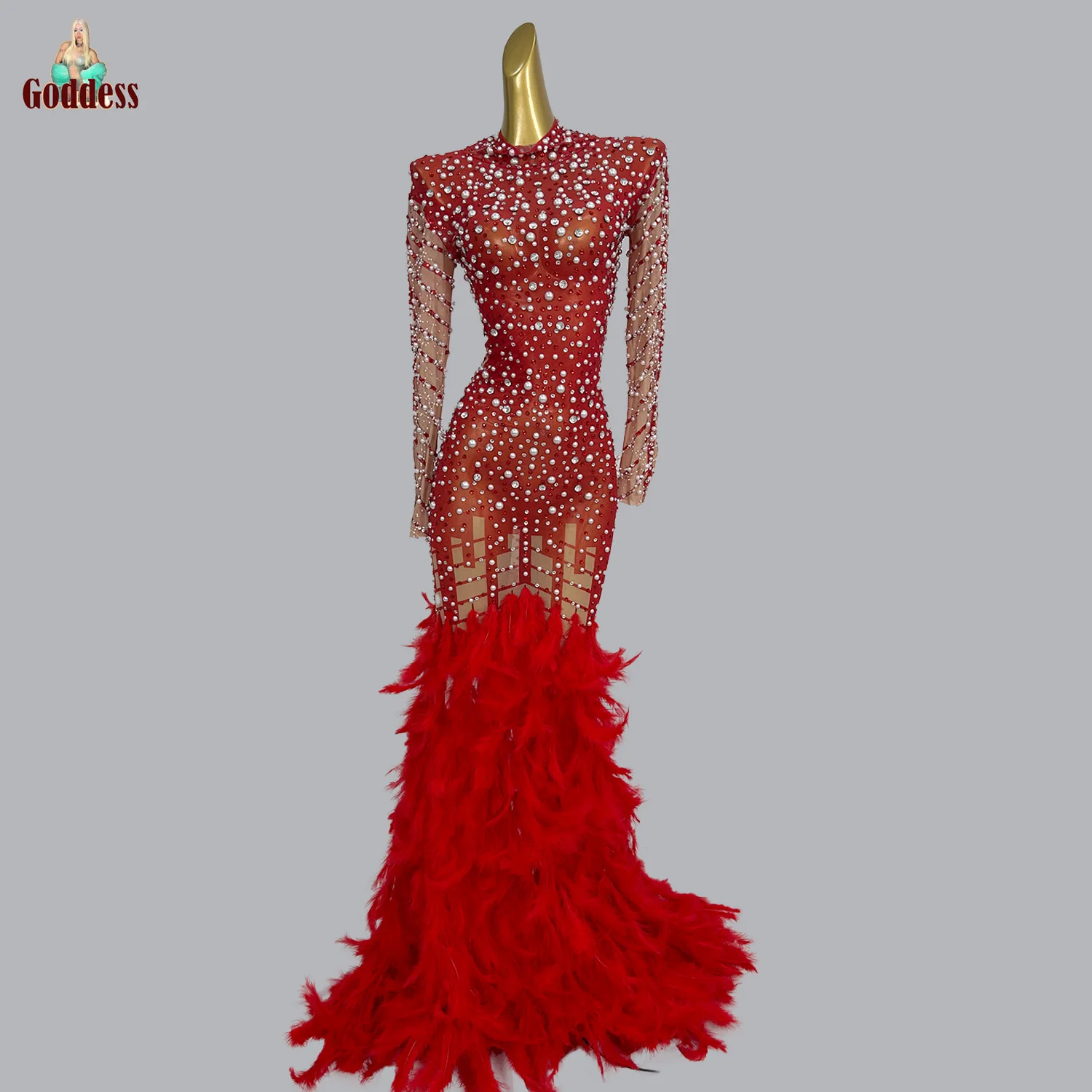 

Luxury Dinners Red Fishtail Evening Gown for Women Elegant Pearls Sparkly Rhinestone Floor-length Dress Birthday Party Queen