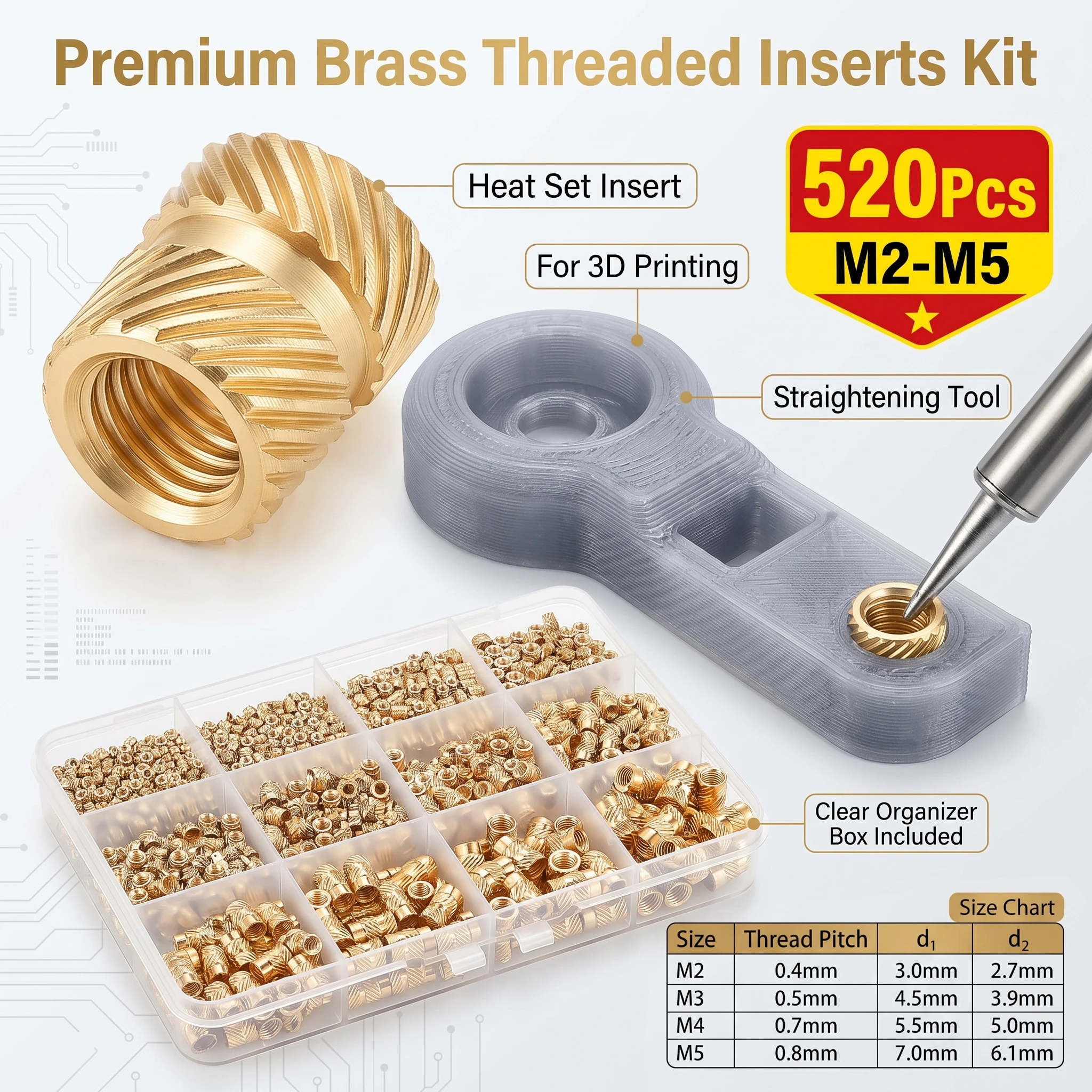 520Pcs M2 M3 M4 M5 Brass Threaded Heat Set Inserts Kit, Metric Knurled Nut Assortment for 3D Printing Plastic Parts