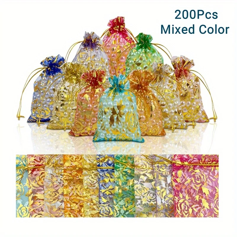 

200 шт. органзовых мешочков 3,53x4,72 дюйма, романтические подарочные мешочки с принтом роз ко Дню святого Валентина, 10 цветов, прозрачные сетчатые мешочки с завязками, органза
