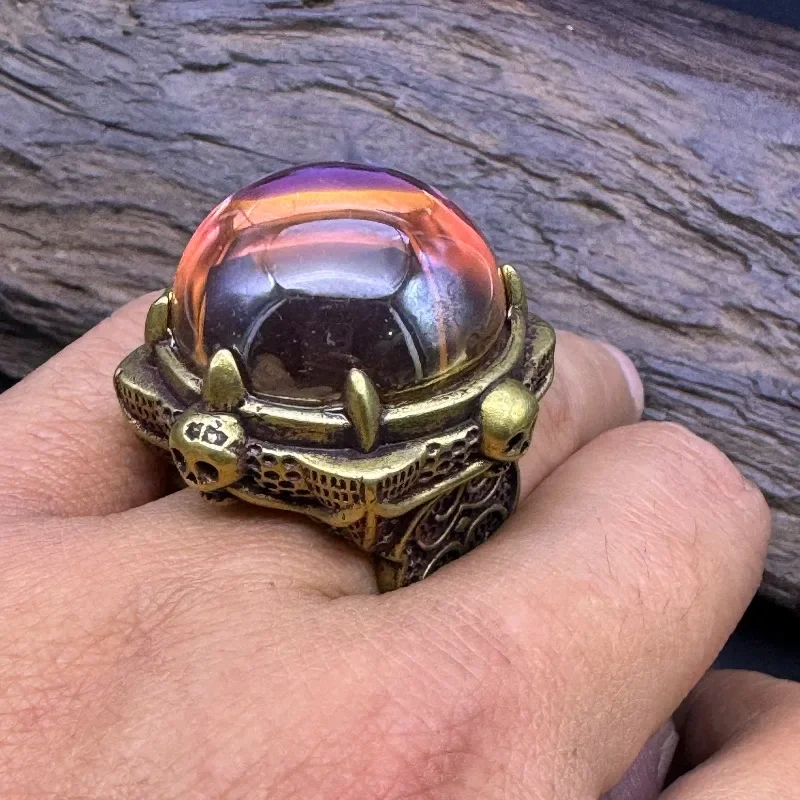 Antique Brass Tone Ring, Large Round Color Changing Created Gem, Filigree Retro Ethnic Statement Finger Jewelry