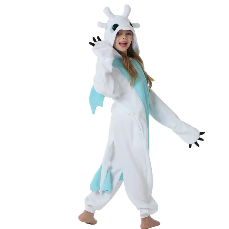 التنين الأسود الكرتون تأثيري قطعة واحدة منامة التنين الأبيض الحيوانات هالوين الفتيات Kigurumi أنيمي منامة