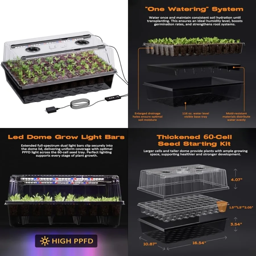 60-Cell Self-Watering Seed Starter Tray with Grow Light, Seed Starter Kit with 4.07