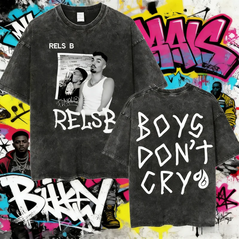 

2025 Summer Washed Vintage Rels B Flakk Skiny Flakk Smile Boys Don't Cry Letter Graphic Men Women 100% Pure Cotton T-shirt