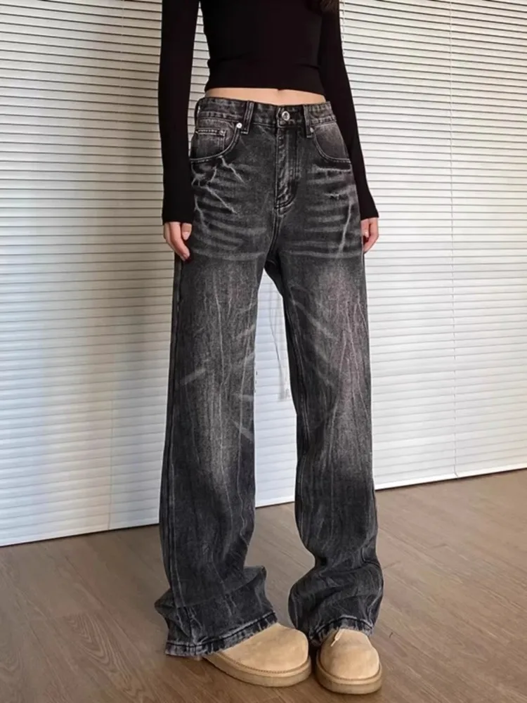 Women's Vintage Washed Distressed Cracked Jeans Y2K Vintage Sense High Waisted Straight Trouser Streetwear Wide Leg Denim Pants