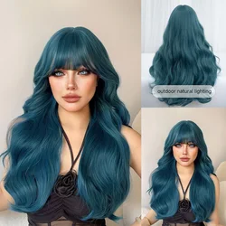 28Inch Teal Blue Color Synthetic Wigs With Bang Long Natural Wavy Hair Wig For Women Daily Use Cosplay Drag Queen Heat Resistant