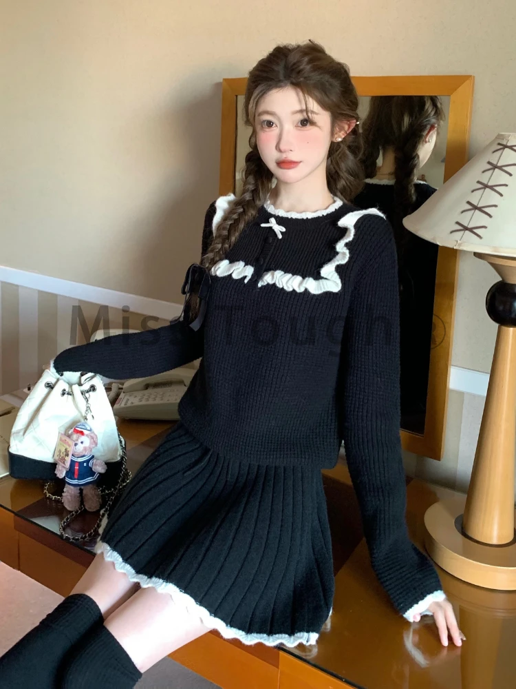 Winter Elegant Knitted 2 Piece Set Women Bow Ruched Sweater + Mini Pleated Skirt Female Korean Fashion Sweet Casual Set 2023 New