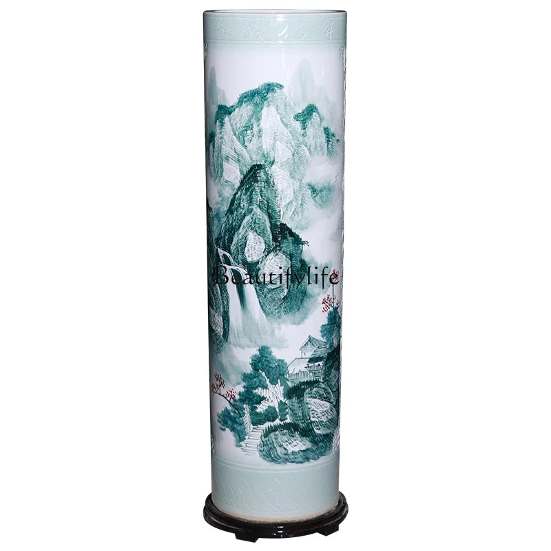 54-Jingdezhen ceramic large vase floor quiver hand-painted landscape ornament