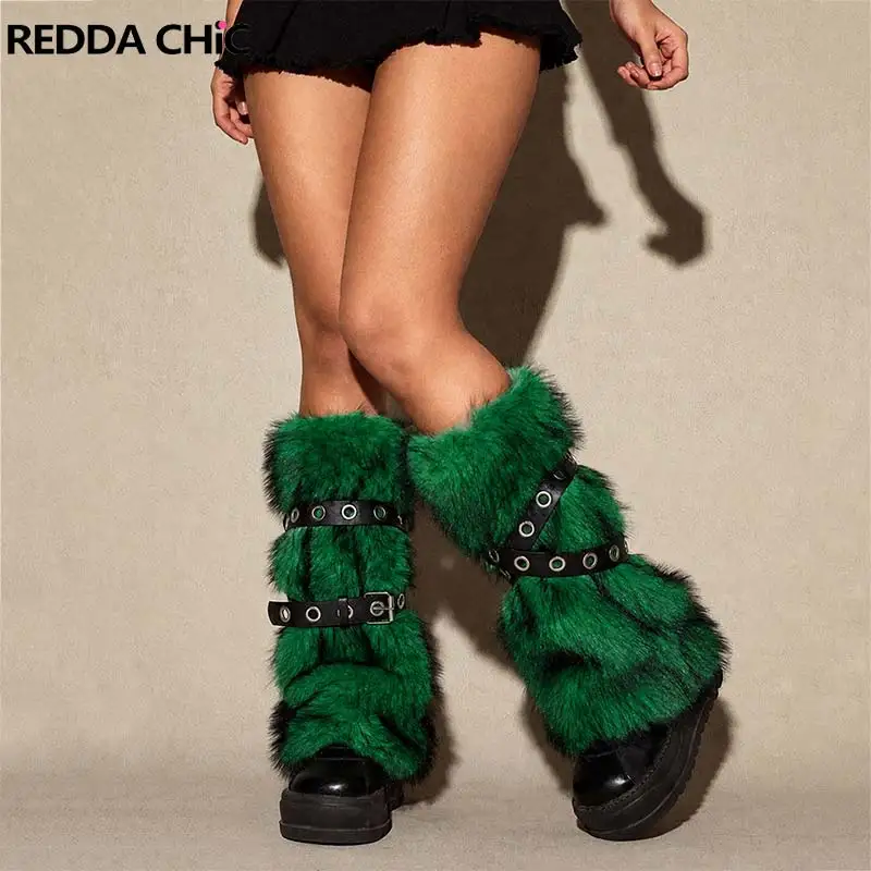 REDDACHiC Faux Fur Women Y2k Leg Warmers Rave Grunge Fuzzy Ombre Warm Eyelets Belt Boot Covers Punk Retro Music Festival Outfits