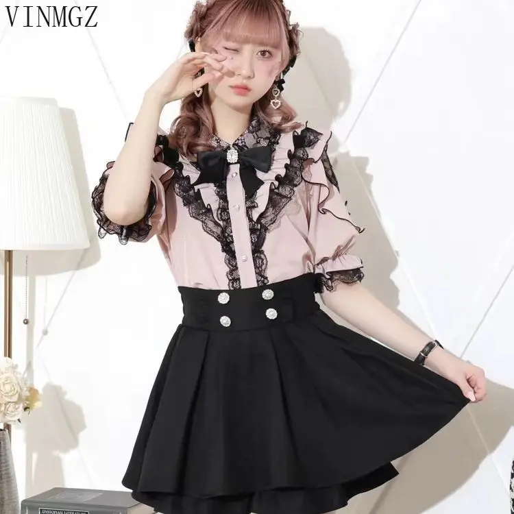 Japan's original order new mine series  ruffle edge bow off-the-shoulder lace medium-sleeved sweet shirt