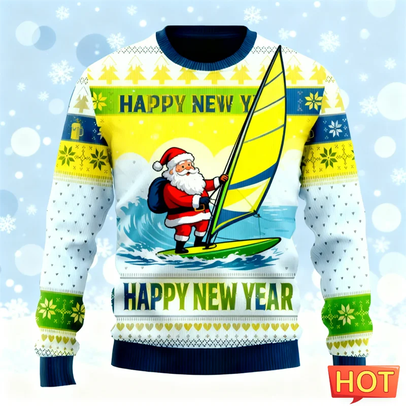 مضحك الكرتون سانتا كلوز القبيح عيد الميلاد سترة موضة رجالي طاقم الرقبة ثلاثية الأبعاد مطبوعة عيد الميلاد بلوزات عادية المتضخم البلوفرات