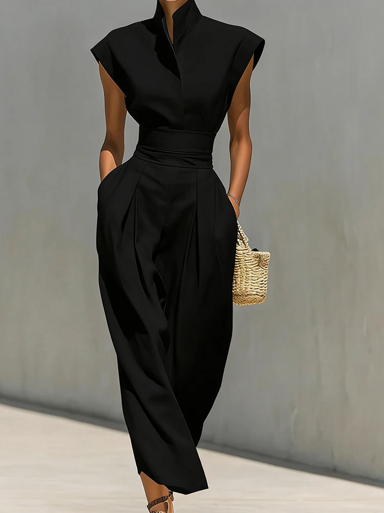 

Модное однотонное платье без рукавов с воротником-стойкой для офиса, летнее новое платье с высокой талией и карманами, элегантное приталенное плиссированное платье миди