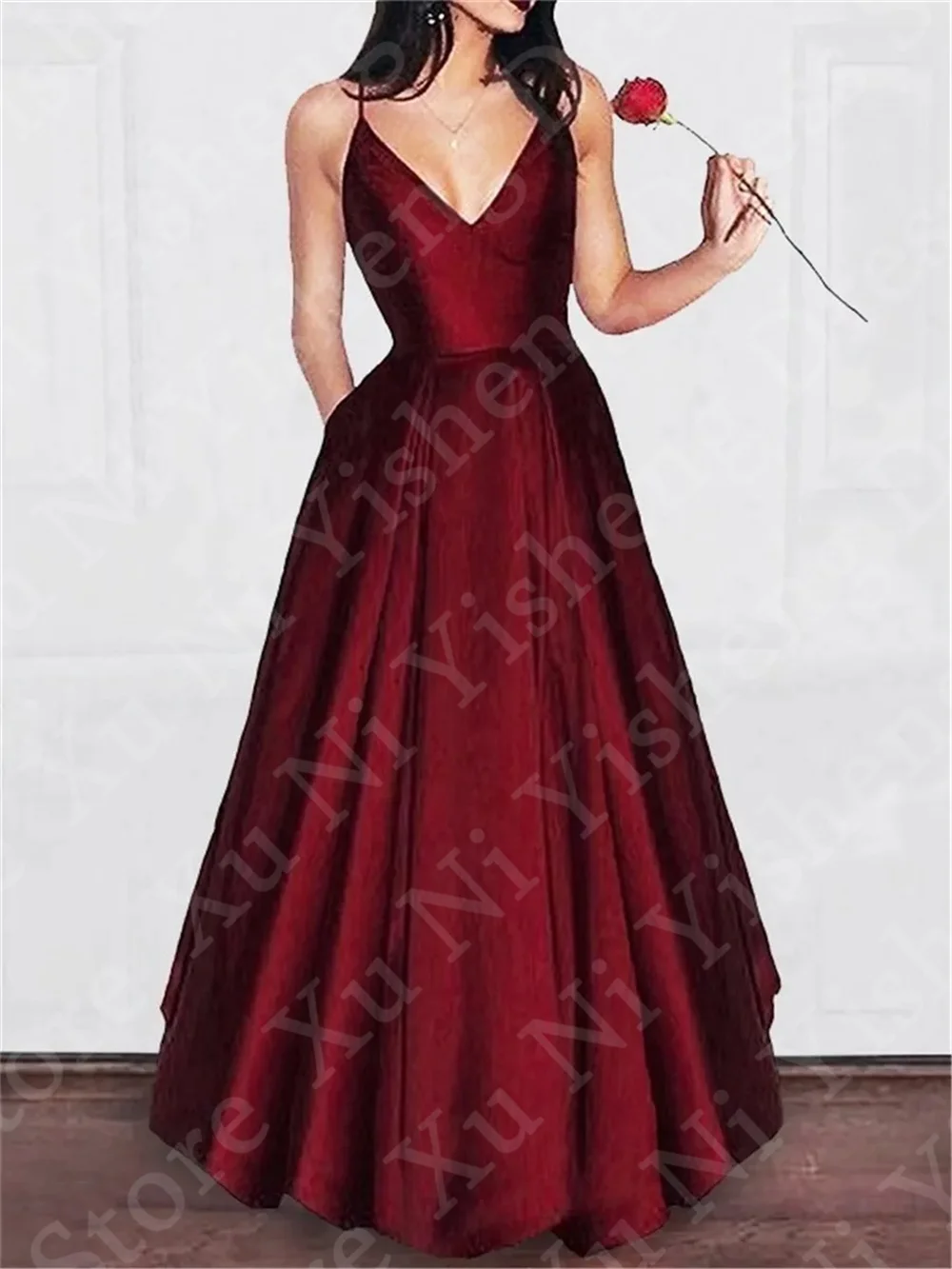 Sexy tiefe V-Ausschnitt formelle Ballkleider für Frauen A-Linie Satin Sweep Zug plus Größe Braut Vestidos de Fiesta Robe de Soirée