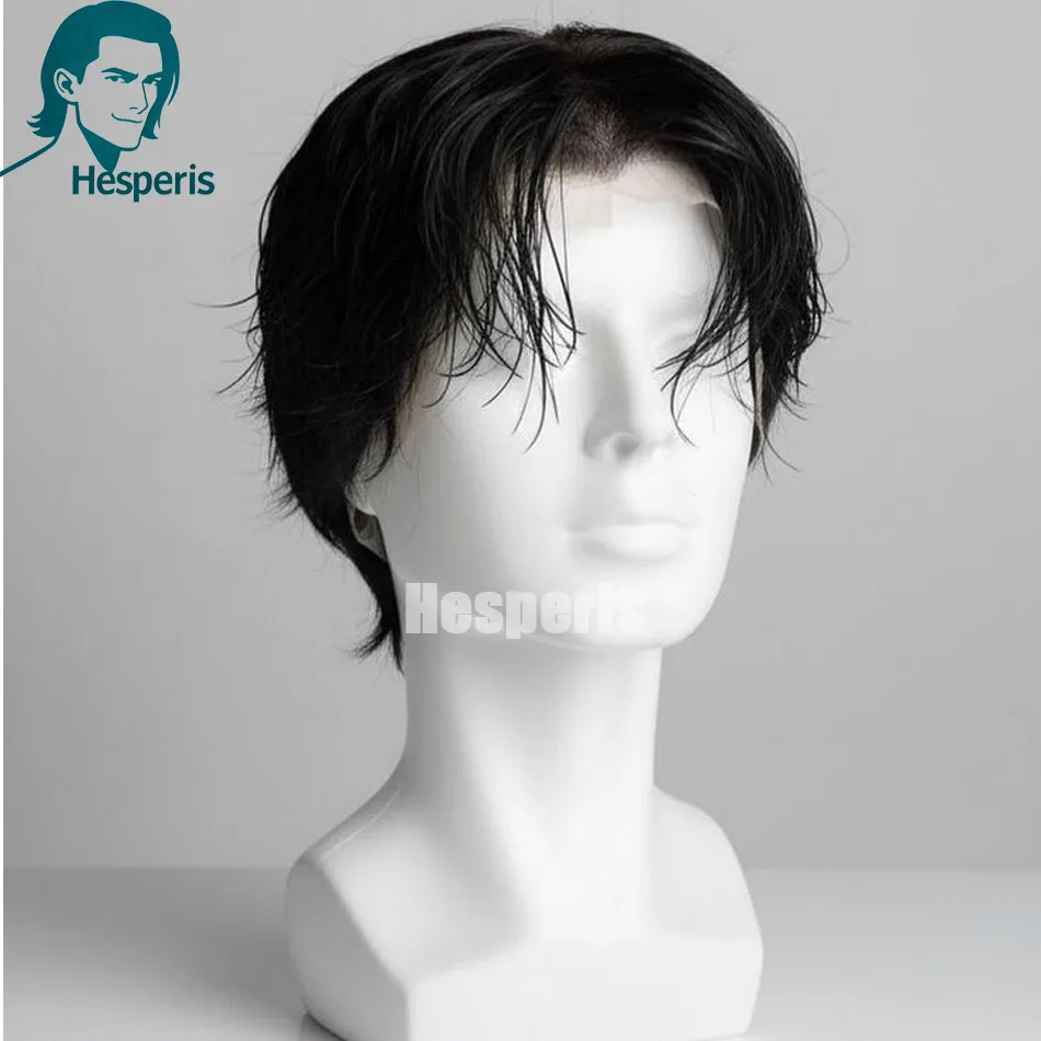 

Мужской короткий парик из человеческих волос Hesperis, натуральный волнистый многослойный парик спереди с челкой, бразильские волосы Remy, мужские парики, предварительно выщипанные