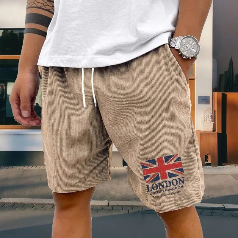 Men's London British Flag Printed Corduroy Shorts, Casual Loose Elastic Waist with Drawstring, Summer Bermuda Shorts, Breathable