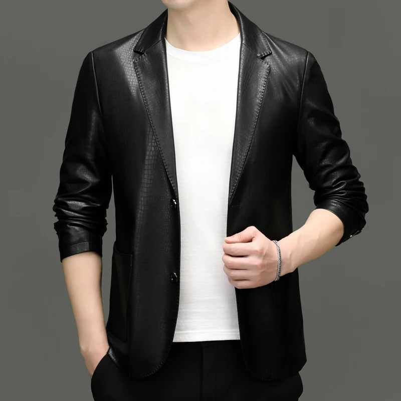 Men's Spring and Autumn Thin Soft Leather Jacket Slim Fit Crocodile Pattern Suit Men's Leather Jacket