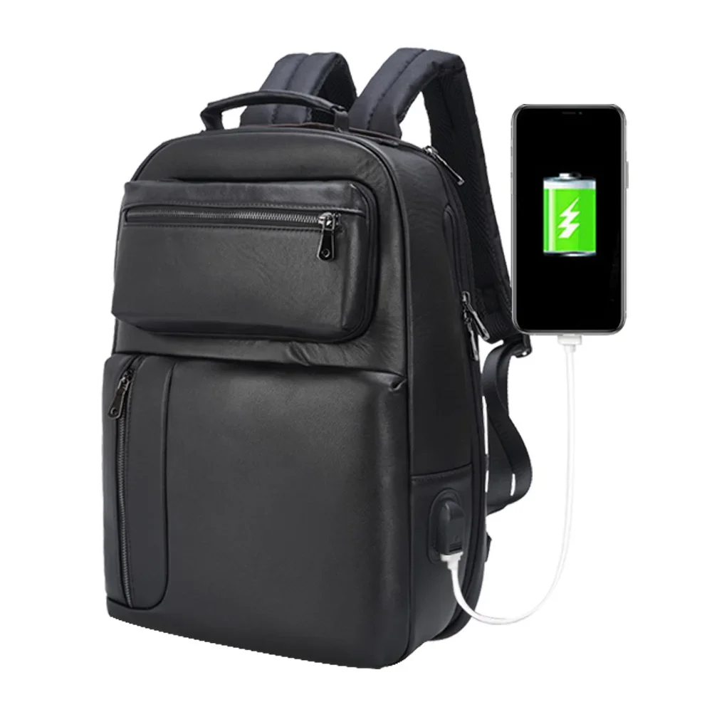 

High Quality Fashion Design Black Full Grain Genuine Leather Laptop Backpack Rucksack Bag With USB