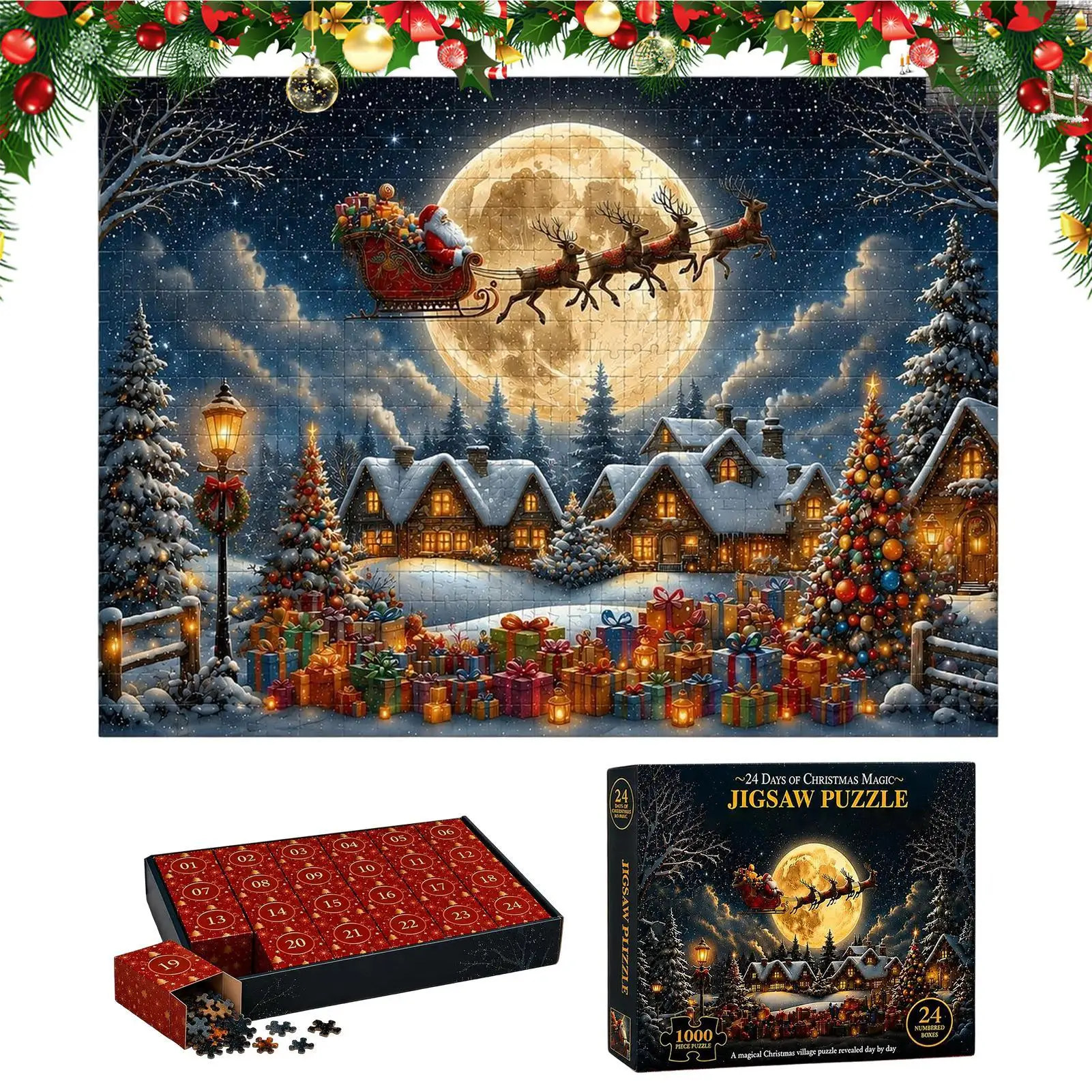 Puzzle de Noël avec 1008 pièces, calendrier de l’Avent 2026, jeu éducatif et interactif, cadeau pour adultes et enfants, idéal pour les fêtes.
