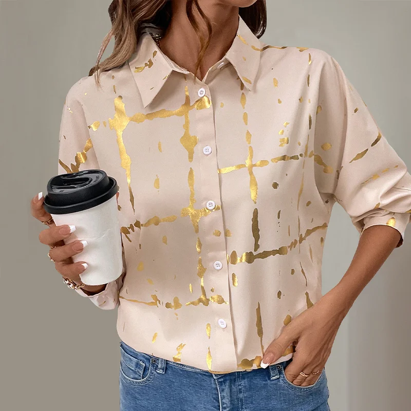 Casual Spring Autumn Women's Blouse Loose Fit Printed Long Sve Polyester irt Ladies Top Faionable Office Wear