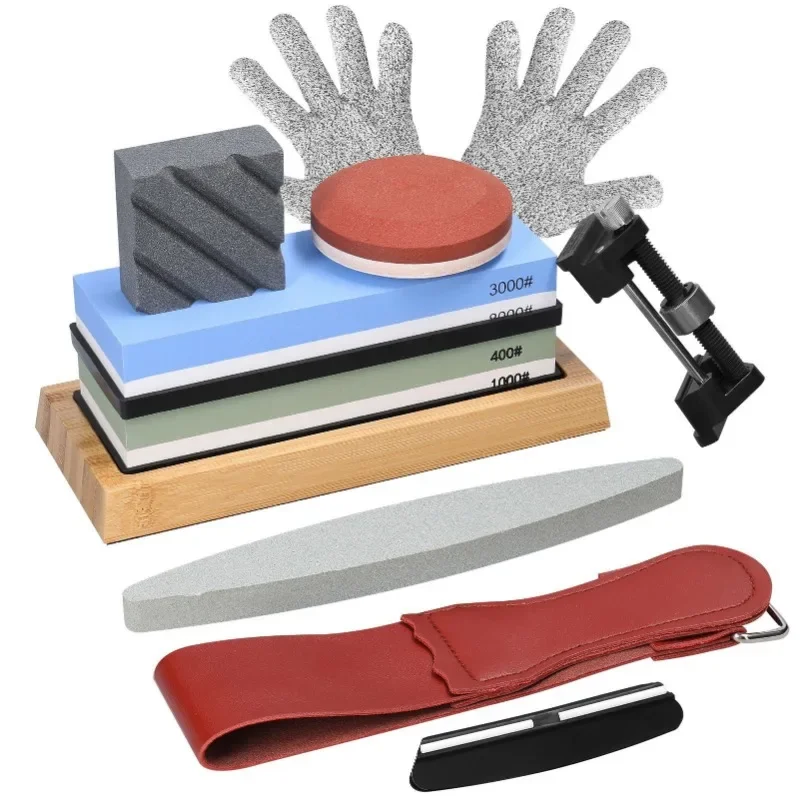 Complete Knife Sharpening Stone Set Dual Grit Whetstone 400/1000 3000/8000 Knife Sharpener with Leather Strop Flattening Stone