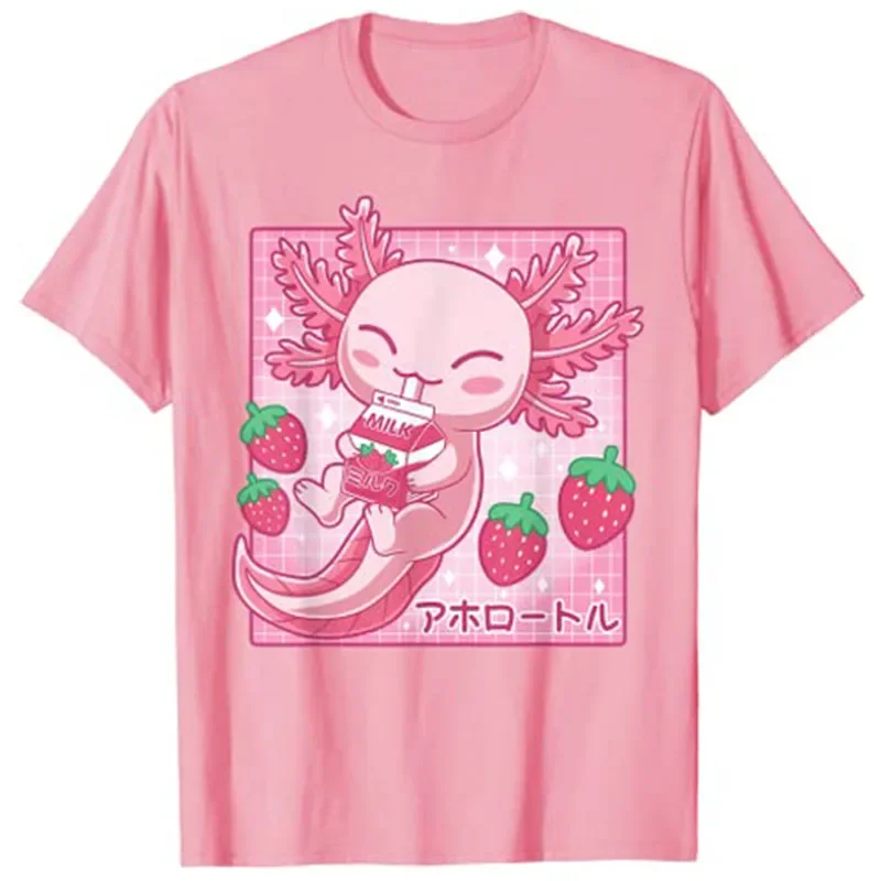 Kawaii Axolotl Strawberry Milk Shake Carton Japanese Anime T-Shirt heavyweight Outfits New Arriva Round Neck vintage streetwear