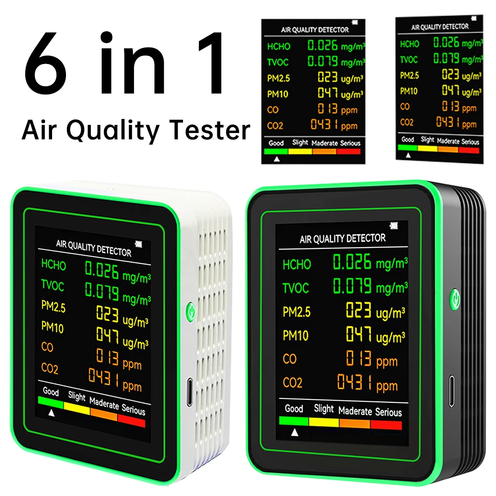 

6in1 Digital Air Quality Monitor Gas Detector Carbon Dioxide Detector TVOC CO2 Sensor Type-c Formaldehyde HCHO /PM2.5/CO2 Meter