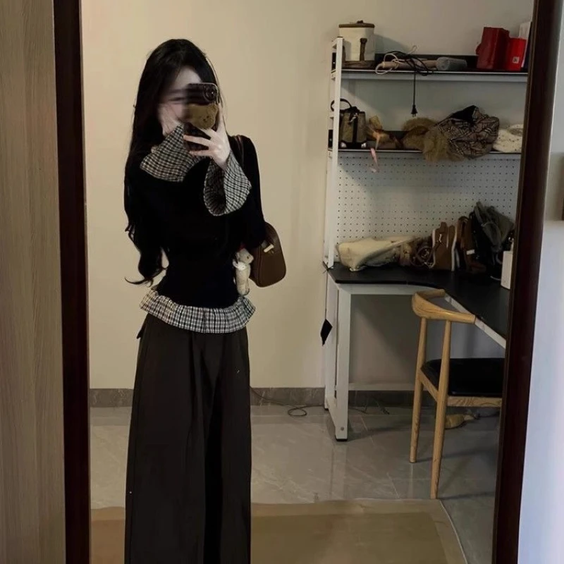 Atasan Ramping Tambal Sulam Kontras Kotak-kotak Korea Kaus Fashion Dua Potong Palsu Baru Musim Semi Musim Gugur Pakaian Wanita Tren Jalanan Tinggi
