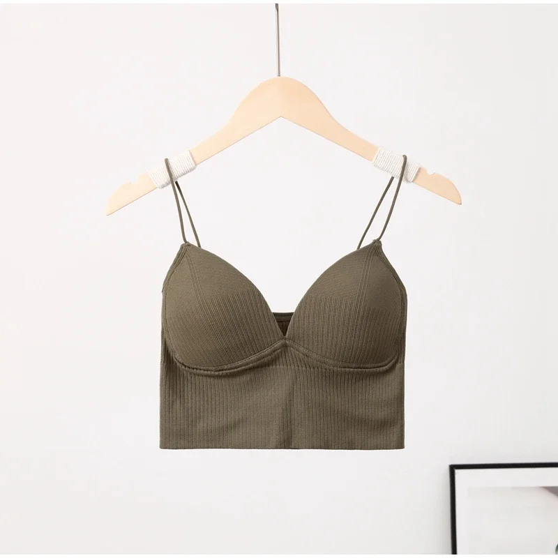 Rib Solid Women Seamless Crop Top Underwear Wire-Free V-Shaped Camisole Thin Straps Bra Bralette Lingerie One-Piece Tube Tops