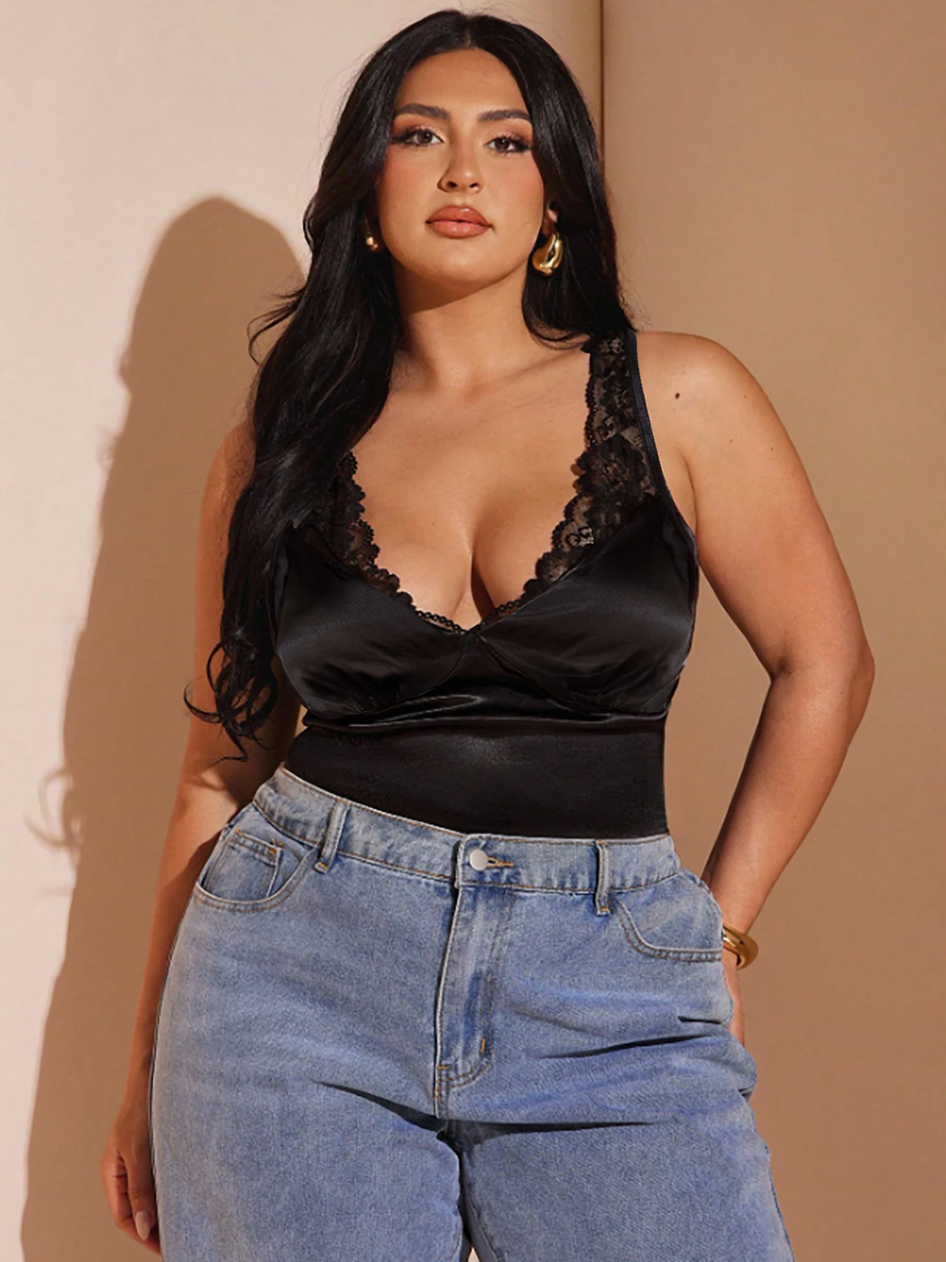 Ladies Elegant Plus‑Size Black Satin Floral Lace V‑Neck Vest Silky Skin‑Friendly Casual Sleeveless Tank Top image 2