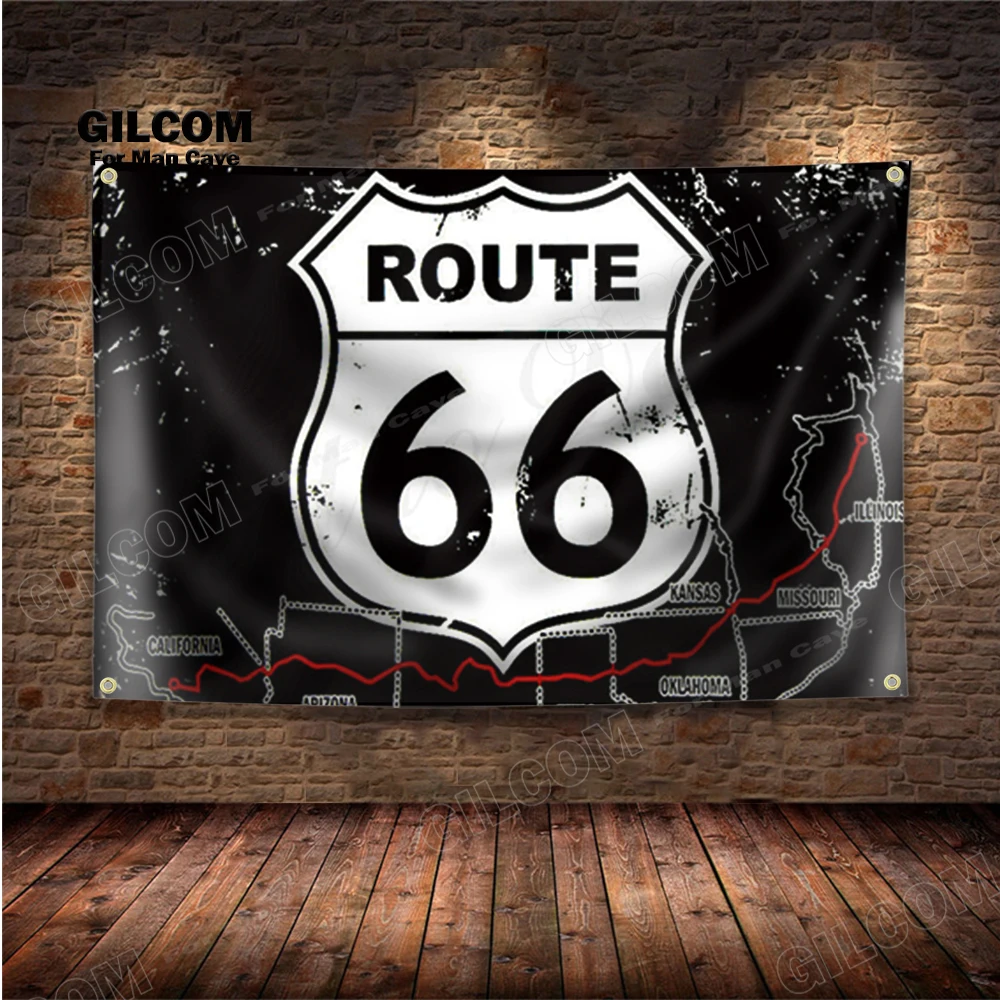 Route 66 US Mother Highway  Retro Banner Flag Adventure Poster Wall Art Decoration AD Vintage Sign  Man Cave Garage Pub Club Bar