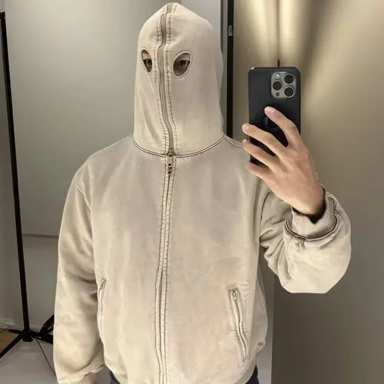 

Worn-In Double-Layer ark Mask Zipper Hoodie Sweatirt Organic Cotton Casual Wear for Teens Boyhood Brand Chic