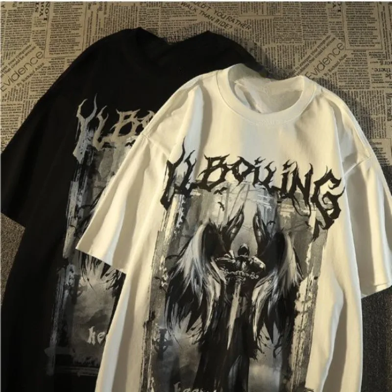 M-8XL American Street Fashion Style Retro Angel Element Print Gothic Style Niche Trendy Brand Top For Men