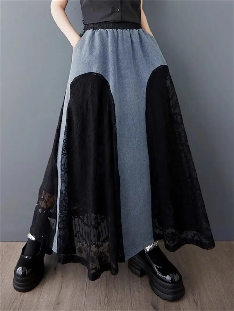 

AS25 SS K-стиль асимметричные джинсовые сетчатые лоскутные свободные брюки-юбка для женщин G279