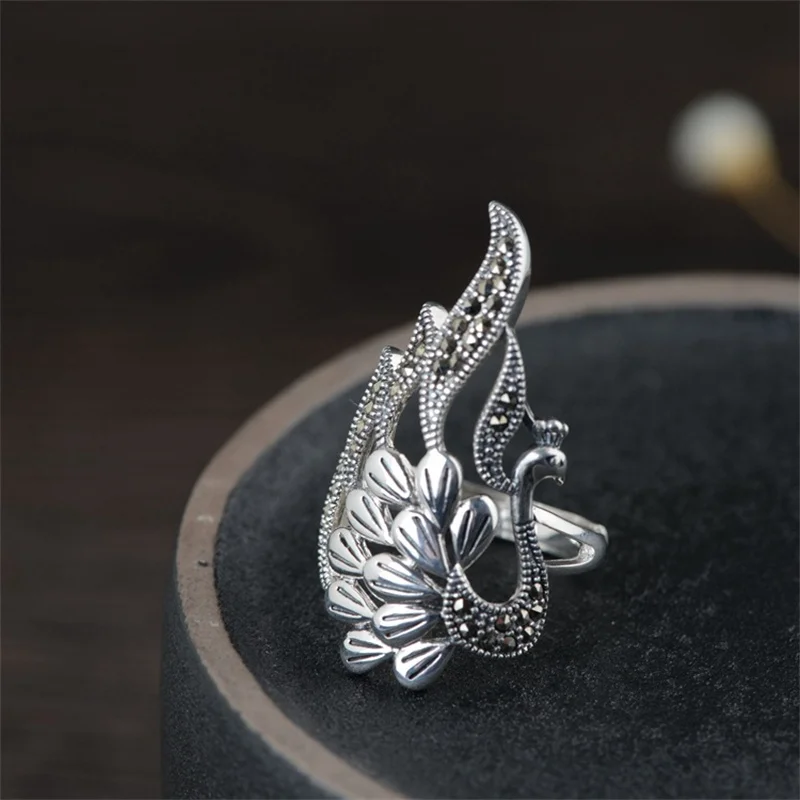 

Thai Silver Peacock Rings for Women Mysterious Marcasite Phoenix Ring 925 Sterling Silver Vintage Jewelry Animals Unusual Bijoux