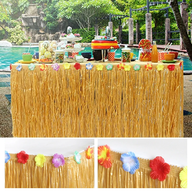 Tropical Hawaiian Table Skirt Plastic Luau Flower Grass Skirt Beach Wedding Party Garden Decor Summer Party Supplies Tablecloth