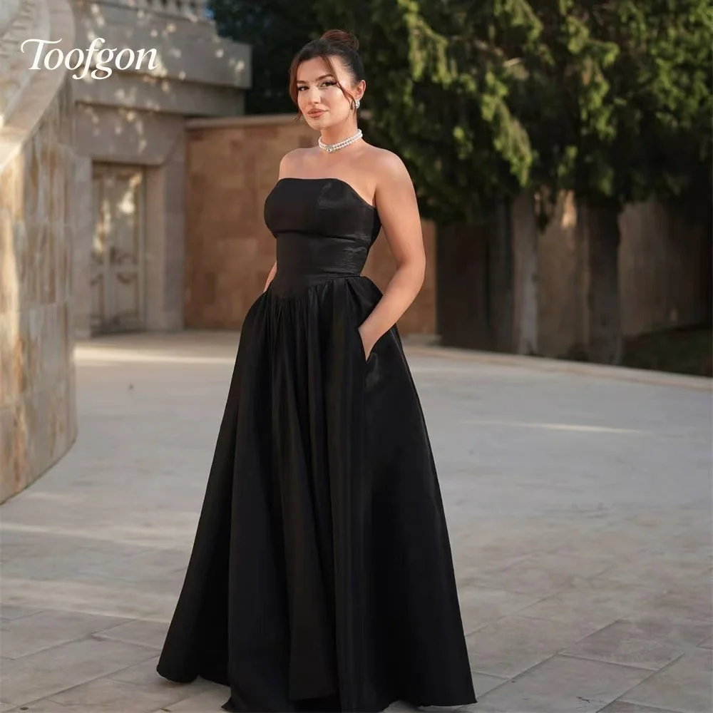 Toofan Schwarze Abendkleider, trägerlos, Vintage-Satin, formelle Anlässe, lang, A-Linie, Vestidos De Fiesta, individuell gestaltet