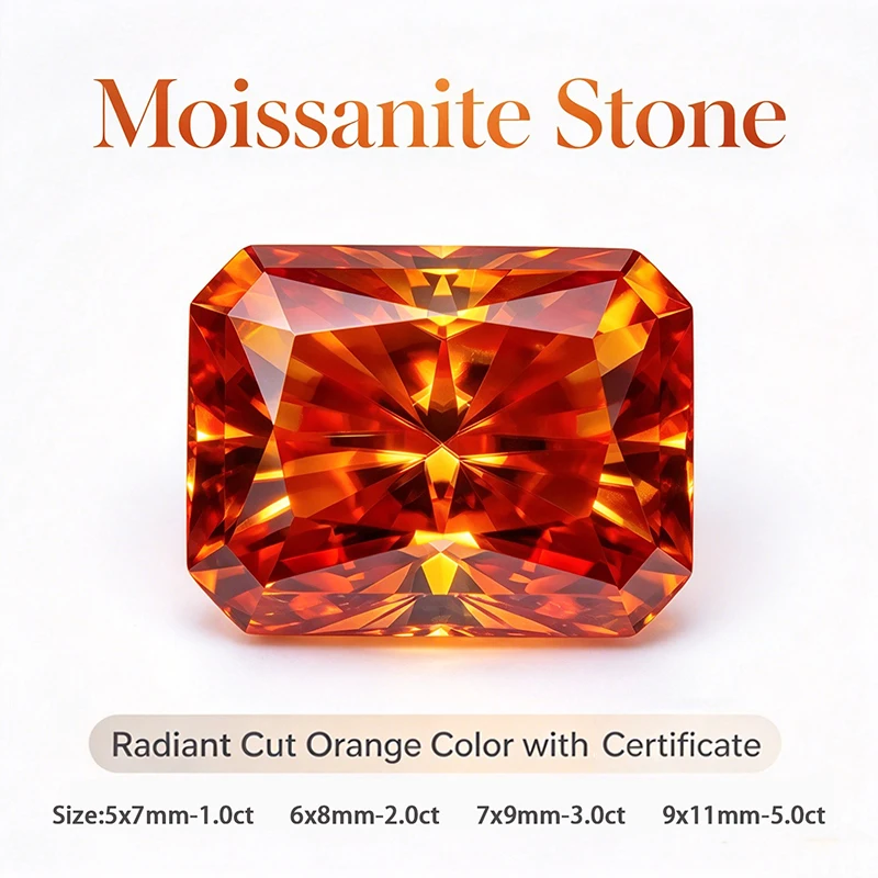 Moissanit-Stein, Radiant-Schliff, Orangefarbe, für Schmuckherstellung, DIY-Ring, Halskette, Ohrringe, Hauptmaterialien mit Zertifikat