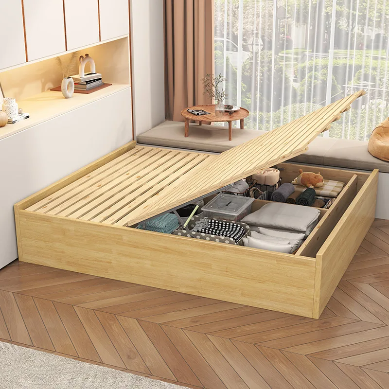 Cama de madeira maciça, caixa sem cabeceira, gaveta lateral aberta