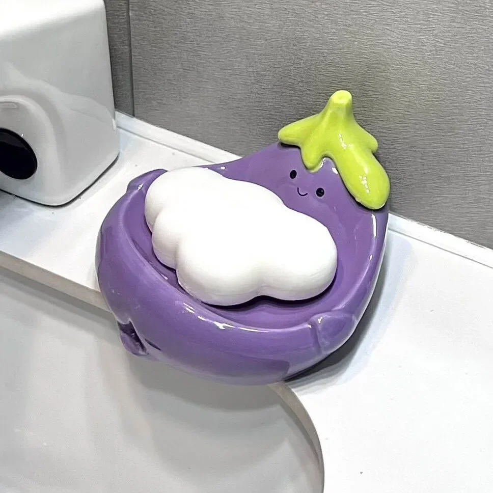 1PC Eggplant Shape Ceramic Bathroom Shower Soap Dish Self Draining Soap Organizer Holder Storage Plate Tray Bathroom Accessories