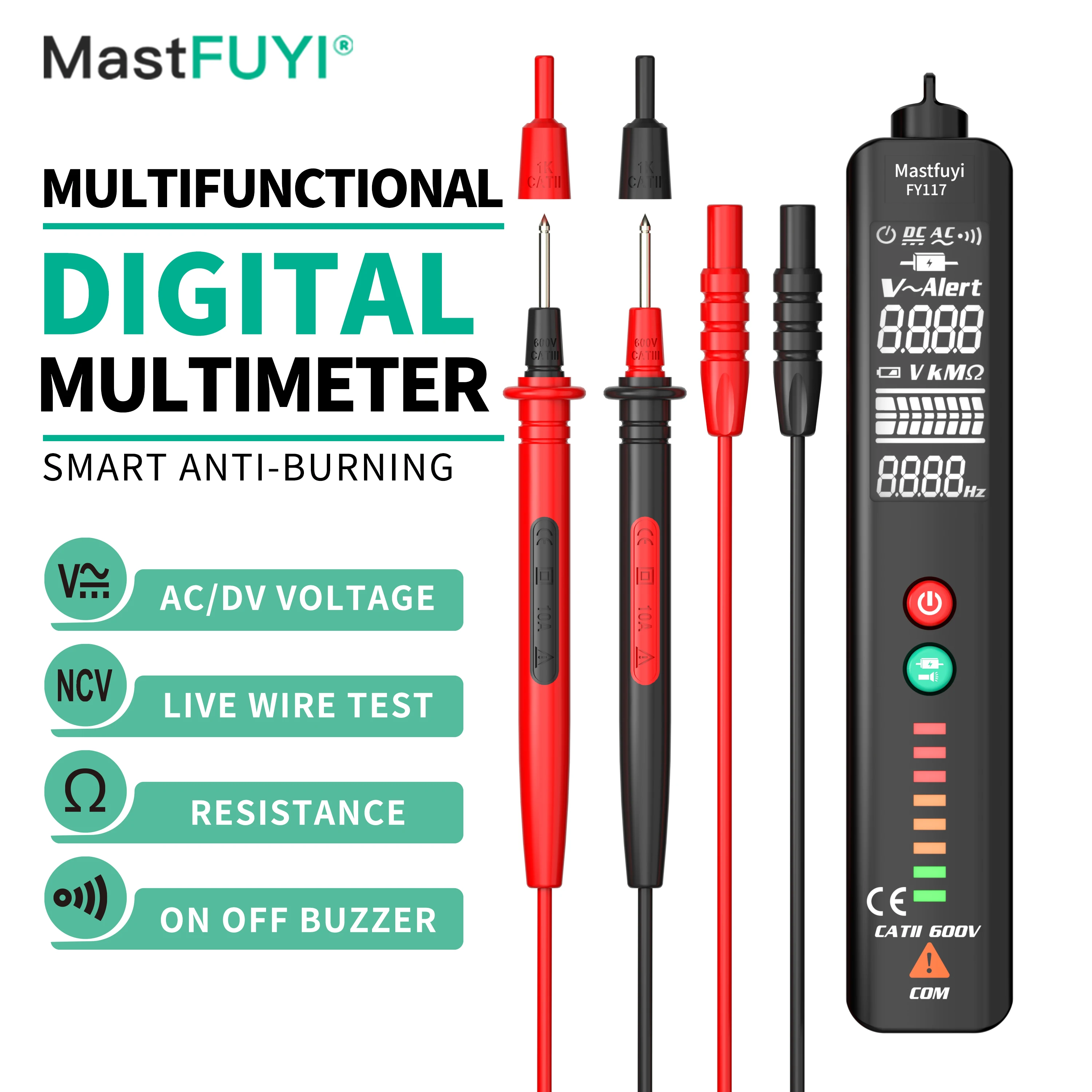 Imagem -02 - Mastfuyi Fy117 Multímetro Digital Inteligente ac dc Tensão Resistência Frequência Caneta tipo Multímetro Lcd Backlight Eletriciantool