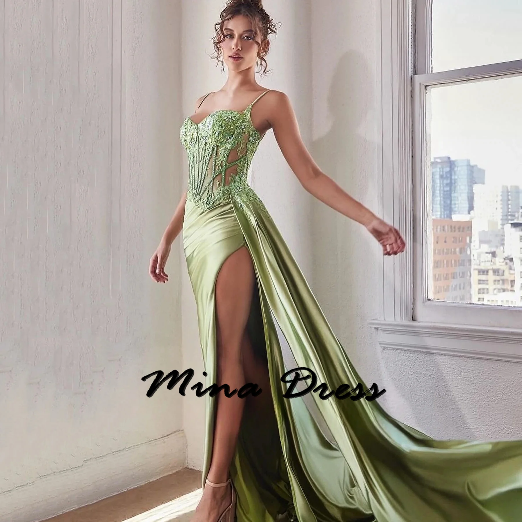 

Mina Customized Backless Prom Dresses Sale Sleeveless Wedding Party Dress Es Embroidery Transparent Slit Lace Gala Dresses 2024