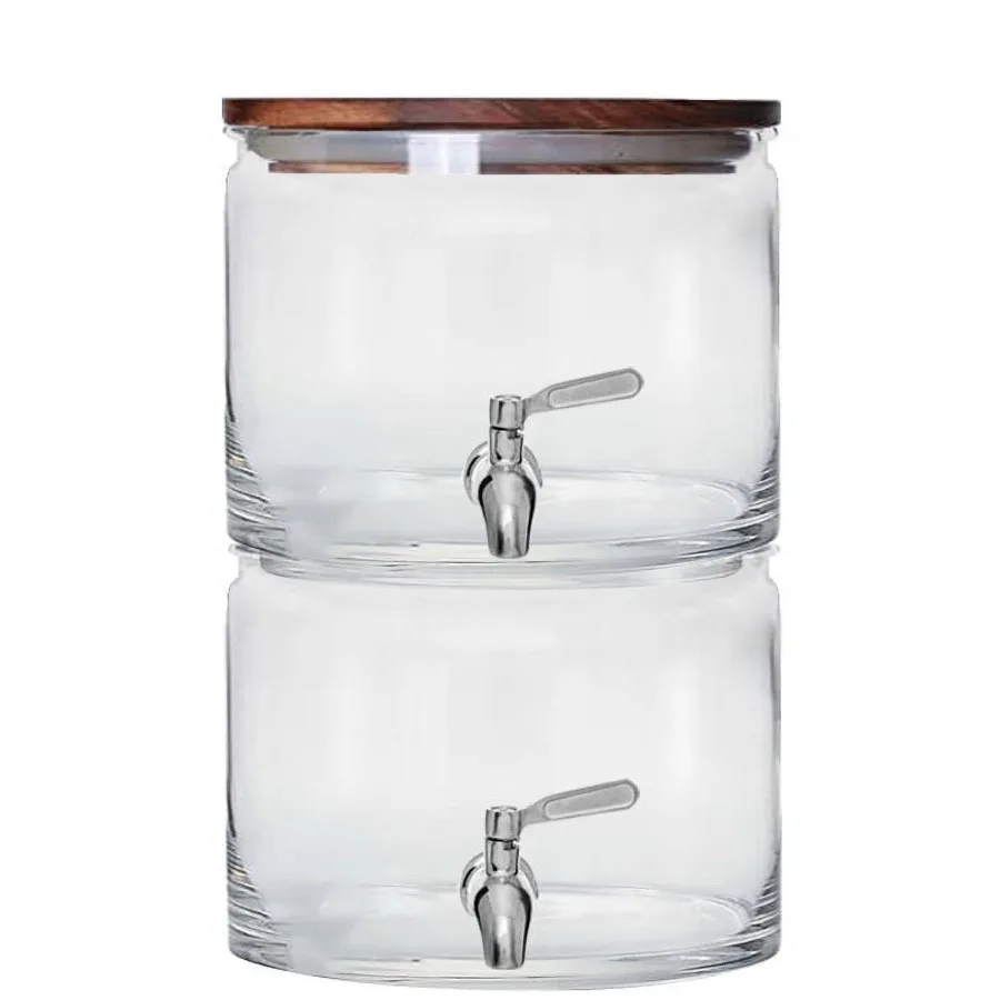 

240oz Stacking Glass Beverage Dispenser with Acacia Wood Lid for Party, Home, or Outdoor Use Elegant Natural Brown Finish, Leak