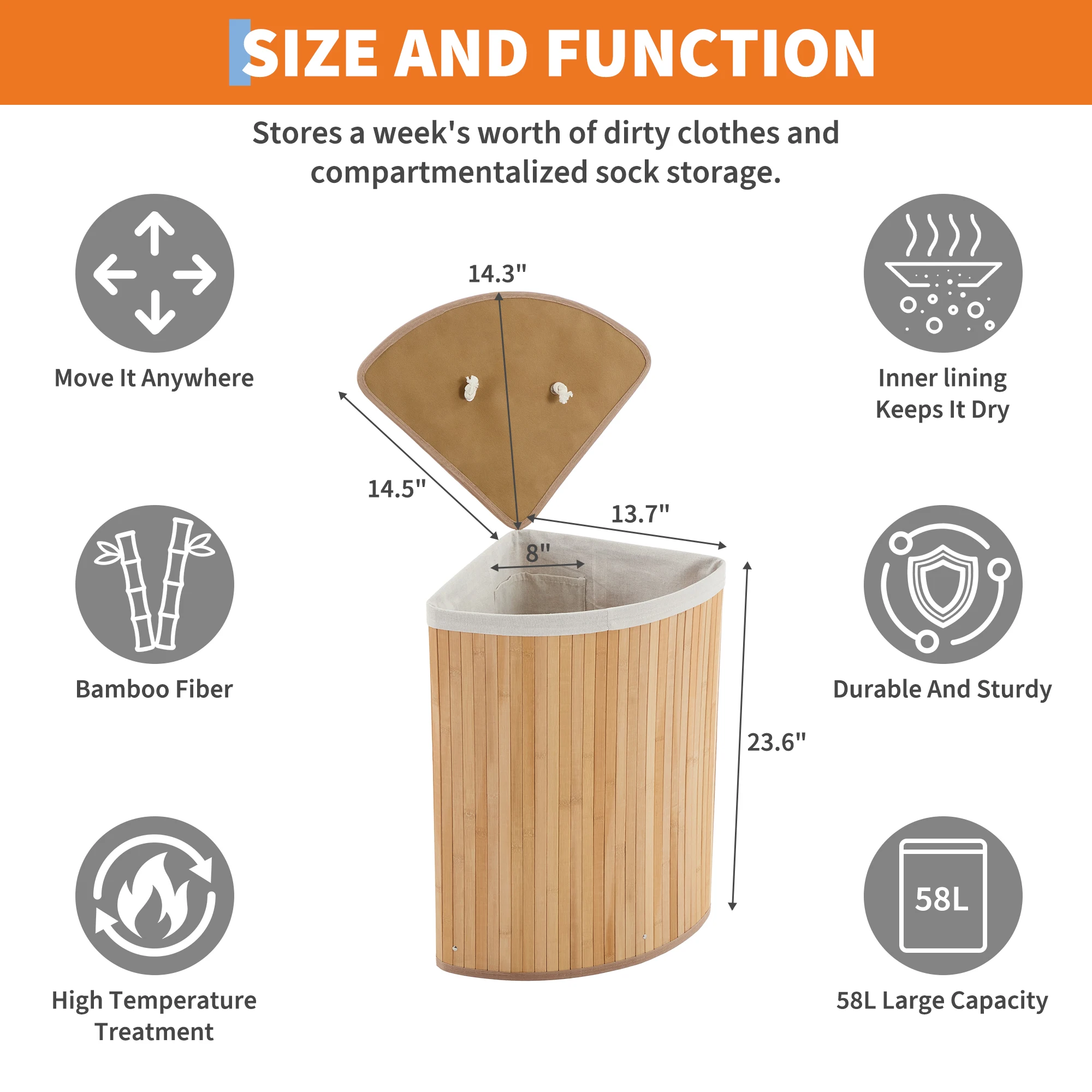 Corner Laundry Hamper with Lid, 15.5 Gallon/58 Liter Large Foldable Bamboo Laundry Basket with Washable Liner Bag, Wicker Clothes Hamper for Bedrooms Bathrooms Apartments - Dark Brown/Beige