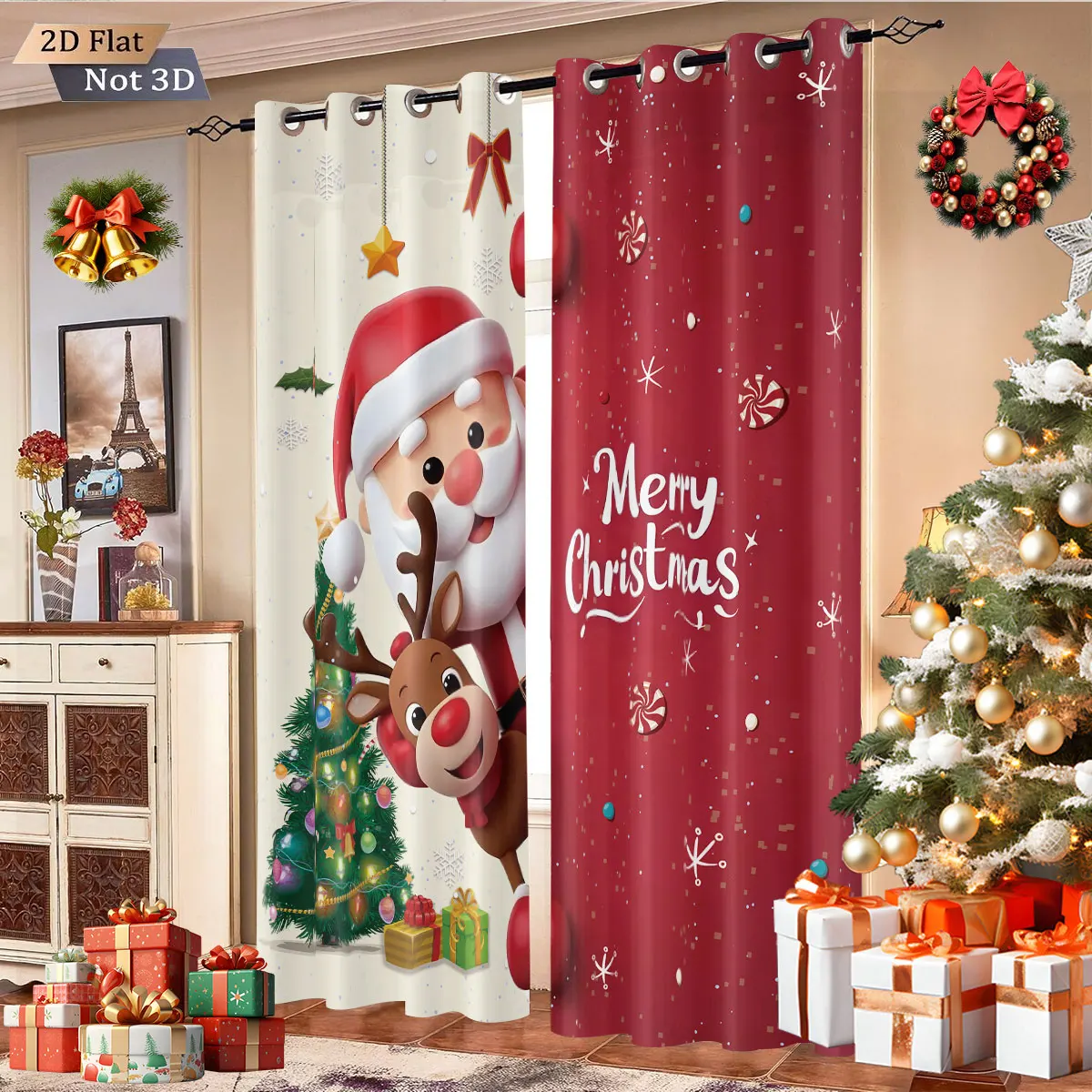 2 Stück perforierte Verdunkelungsvorhänge mit Cartoon-Weihnachtsmann-Aufdruck in verschiedenen Größen für Wohnzimmer, Schlafzimmer, Isolierung, Urlaubsdekoration
