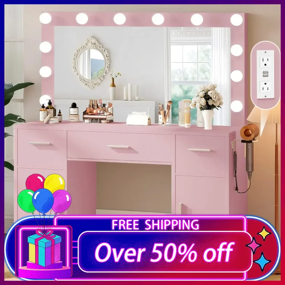 Vanity with Lights, Makeup Vanity with Power Outlet & Hair Dryer Holder, 3 Lighting Modes, 3 Drawers&2 Cabinets-Pink,dress table