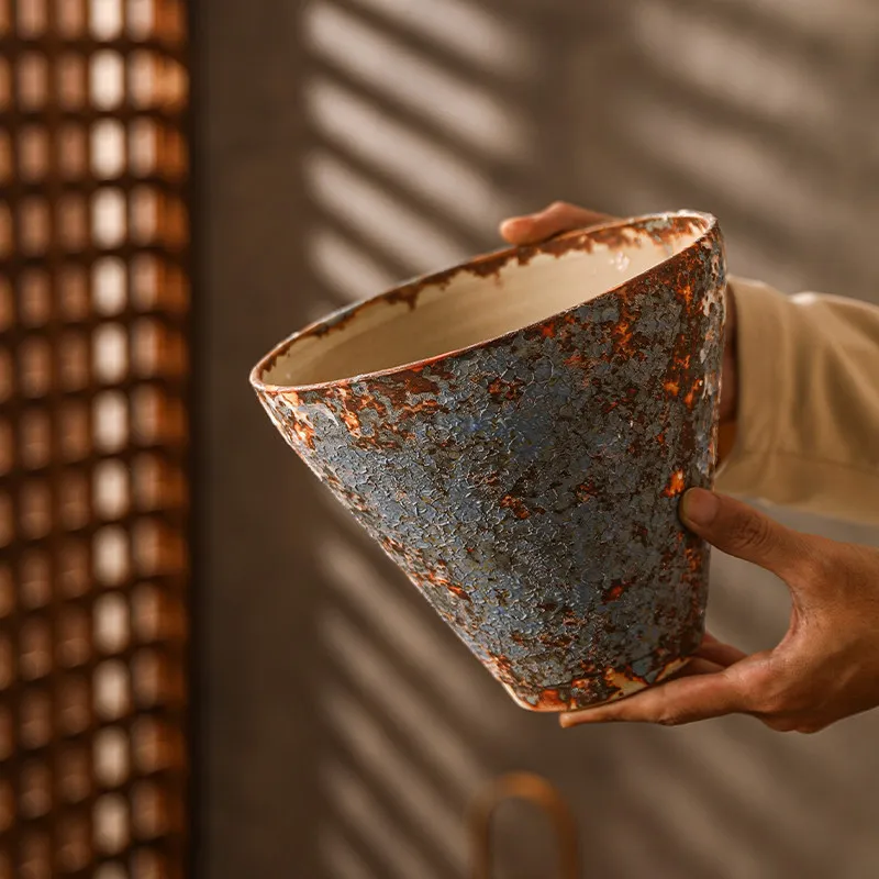 YFY Jingdezhen ceramic flower pot, bamboo hat, large  coarse pottery, wabi sandy wind  flower utensils,  maple triangle plum pot