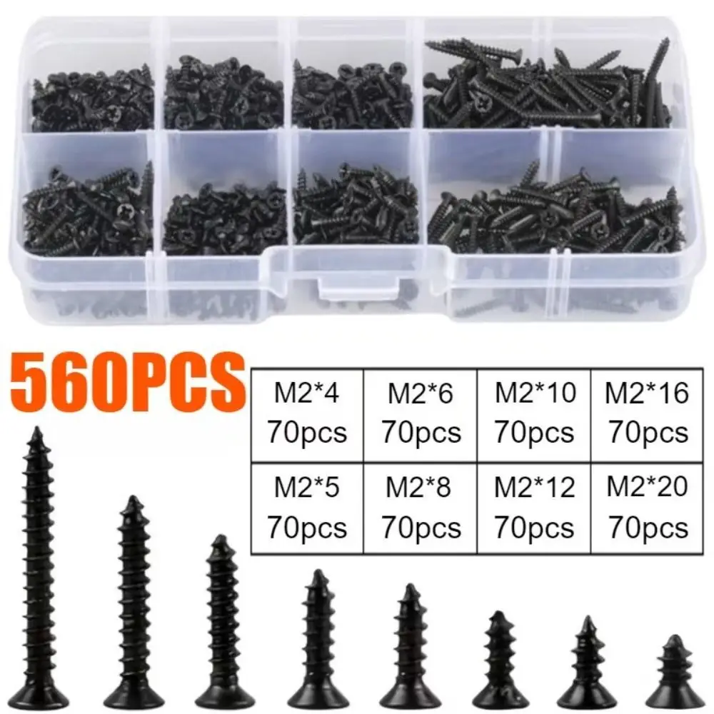 560Pcs Carbon Steel Self Tapping Screws Flat Head Phillips Drive Machine Screw Kit Assorted Sizes Fully Threaded