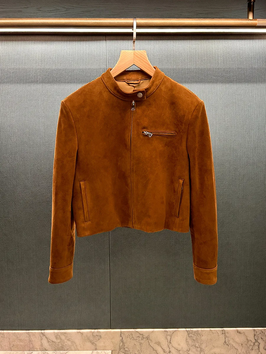 レトロブラウンシープスキンスエードスタンドカラーバイカージャケット女性用 - ショートスタイル