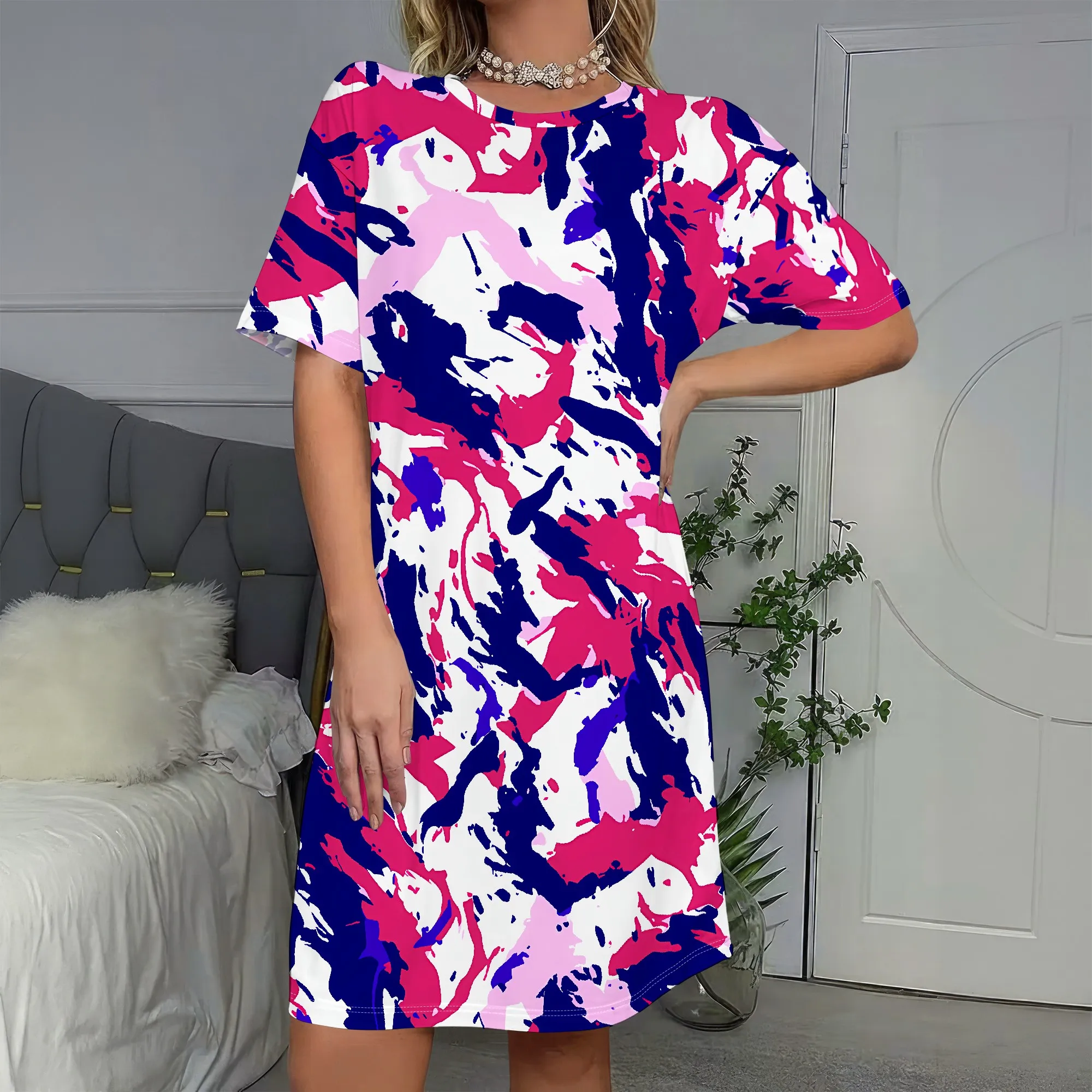 

Bold Print, Short Sleeve Dress, Abstract Art Pattern, Colorful Fashion Wear, Casual Summer Outfit, S-2XL