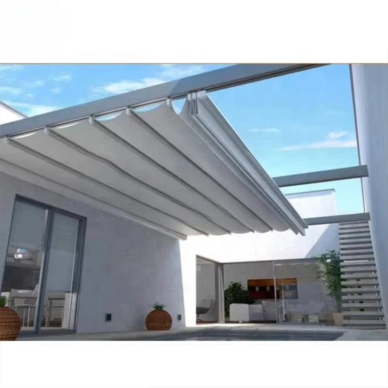 

Folding courtyard electric awning Retractable roof, electric restaurant aluminum pergola Outdoor awning