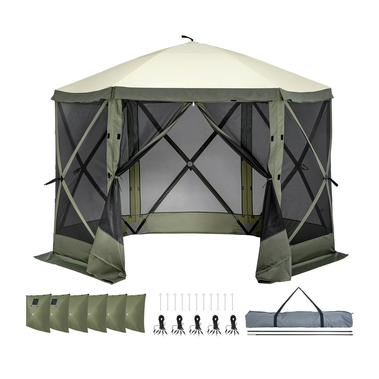 Pop Up Gazebo Tent Pop-Up Screen Tent 6 Sided Canopy Sun Shelter with 6 Removable Privacy Wind Cloths & Mesh Windows